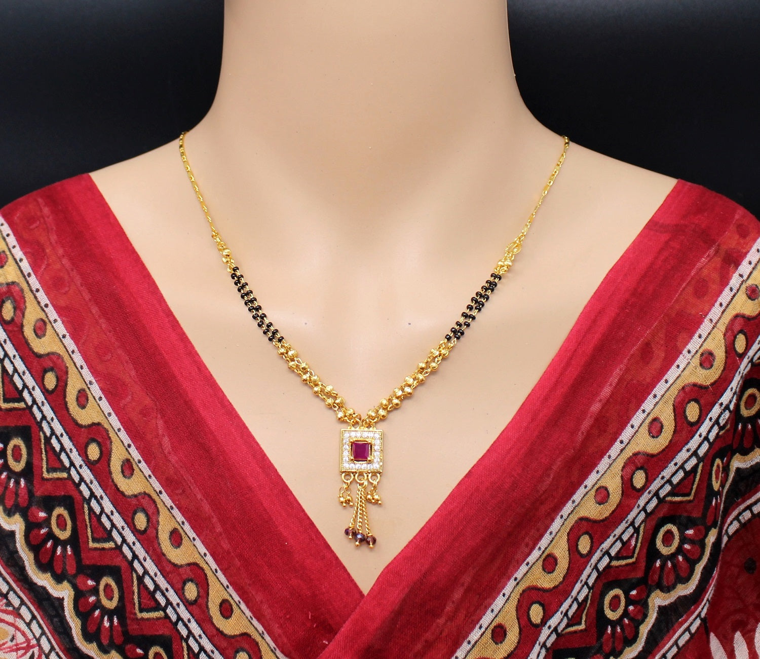 Royal Ruby Square Pendant Gold Plated Mangalsutra – Elegant Traditional Design for Women 💎