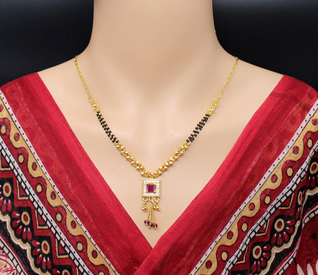 Royal Ruby Square Pendant Gold Plated Mangalsutra – Elegant Traditional Design for Women 💎