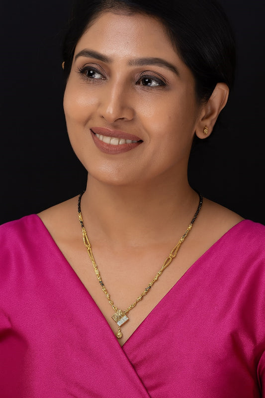 Gold-Plated Mangalsutra with Black Beads & Diamond-Cut Square Pendant – Elegant Daily & Festive Wear