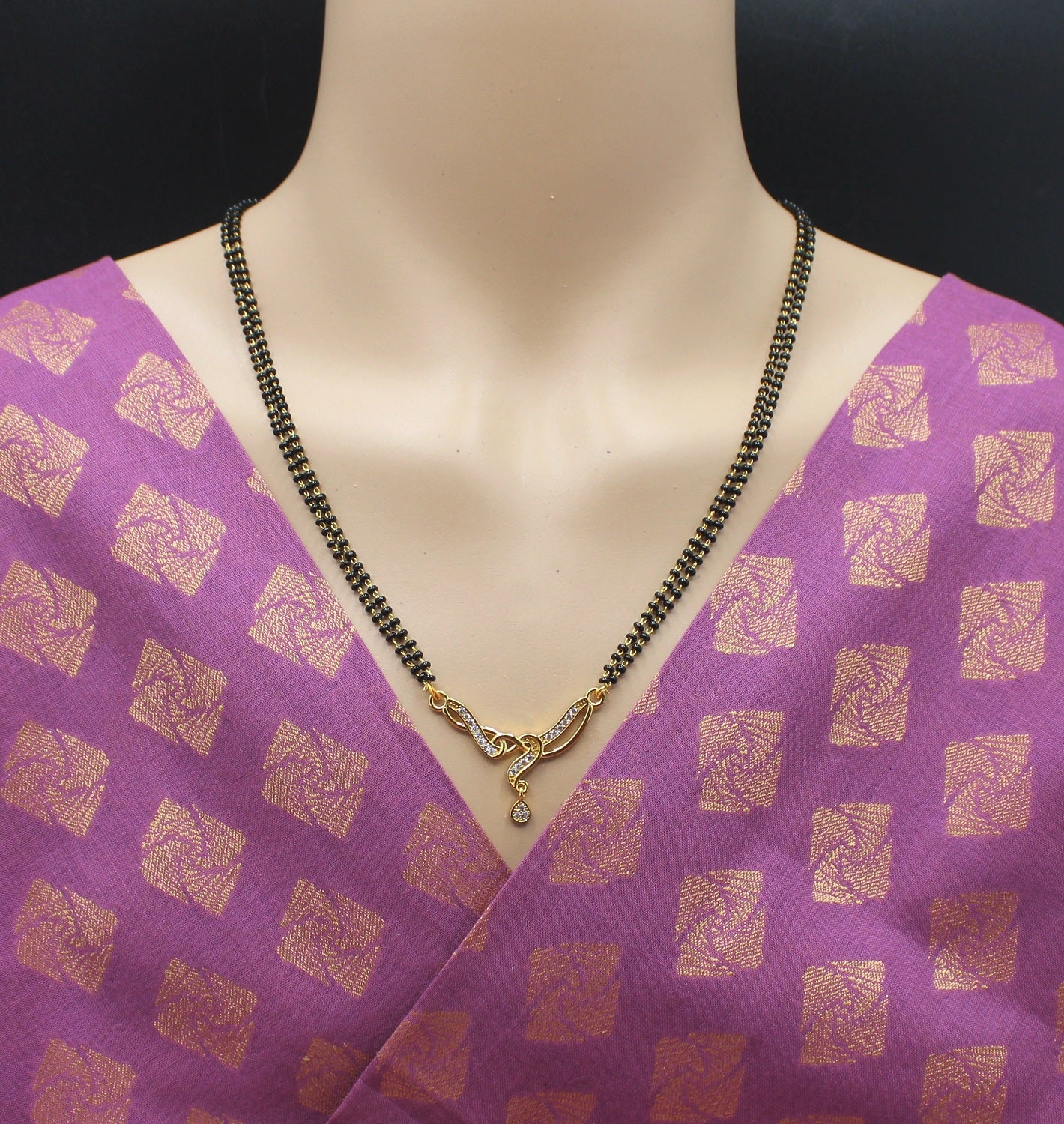Gold-Plated Double Chain Mangalsutra with CZ Stone & Drop Pendant