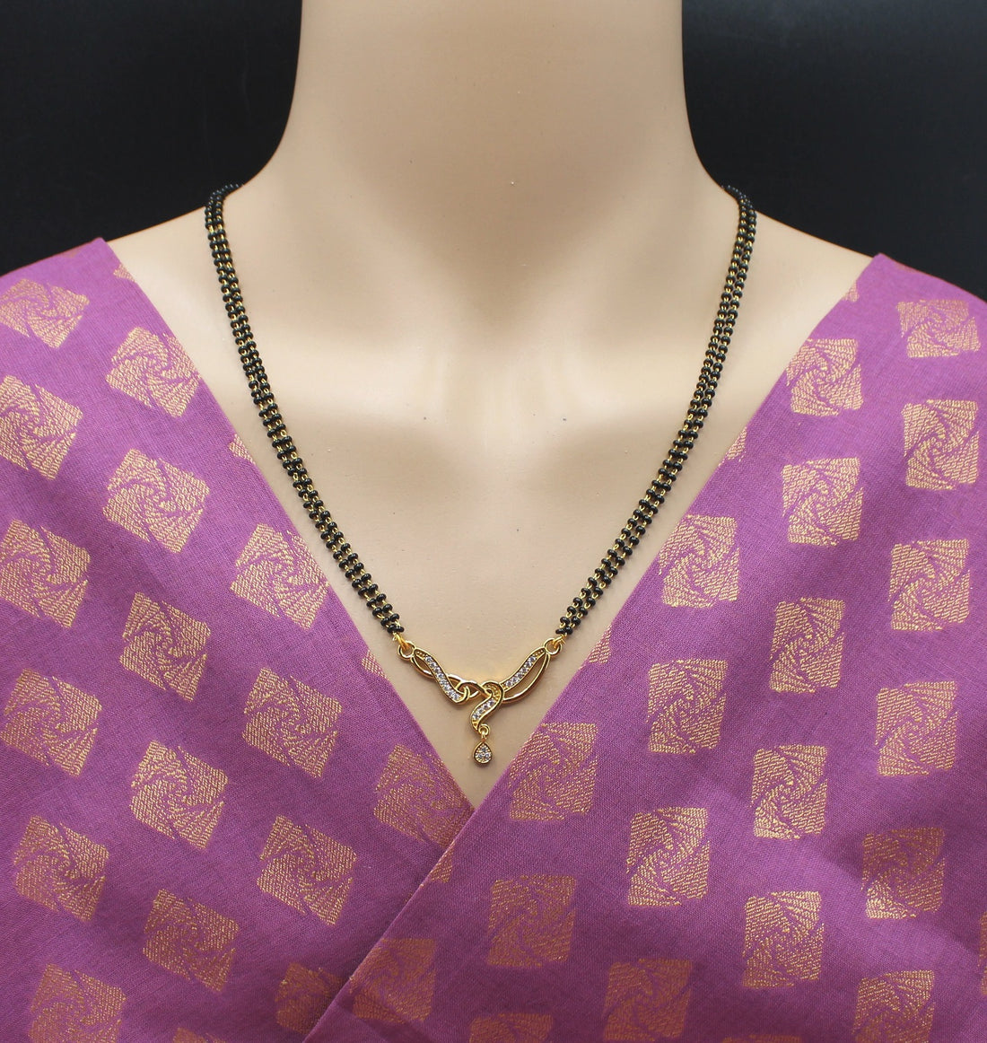 Gold-Plated Double Chain Mangalsutra with CZ Stone & Drop Pendant