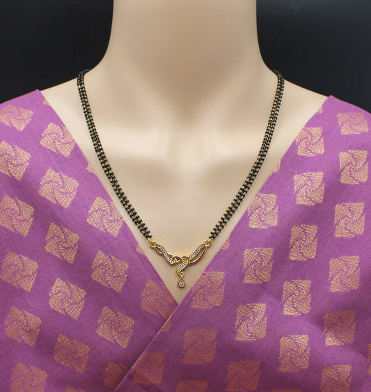 Gold-Plated Double Chain Mangalsutra with CZ Stone & Drop Pendant