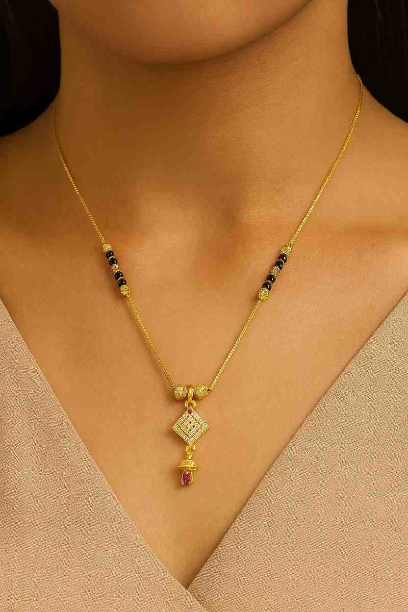 Elegant Double Chain Mangalsutra with Diamond-Shaped Pendant – Gold-Plated Daily Wear Design for Women