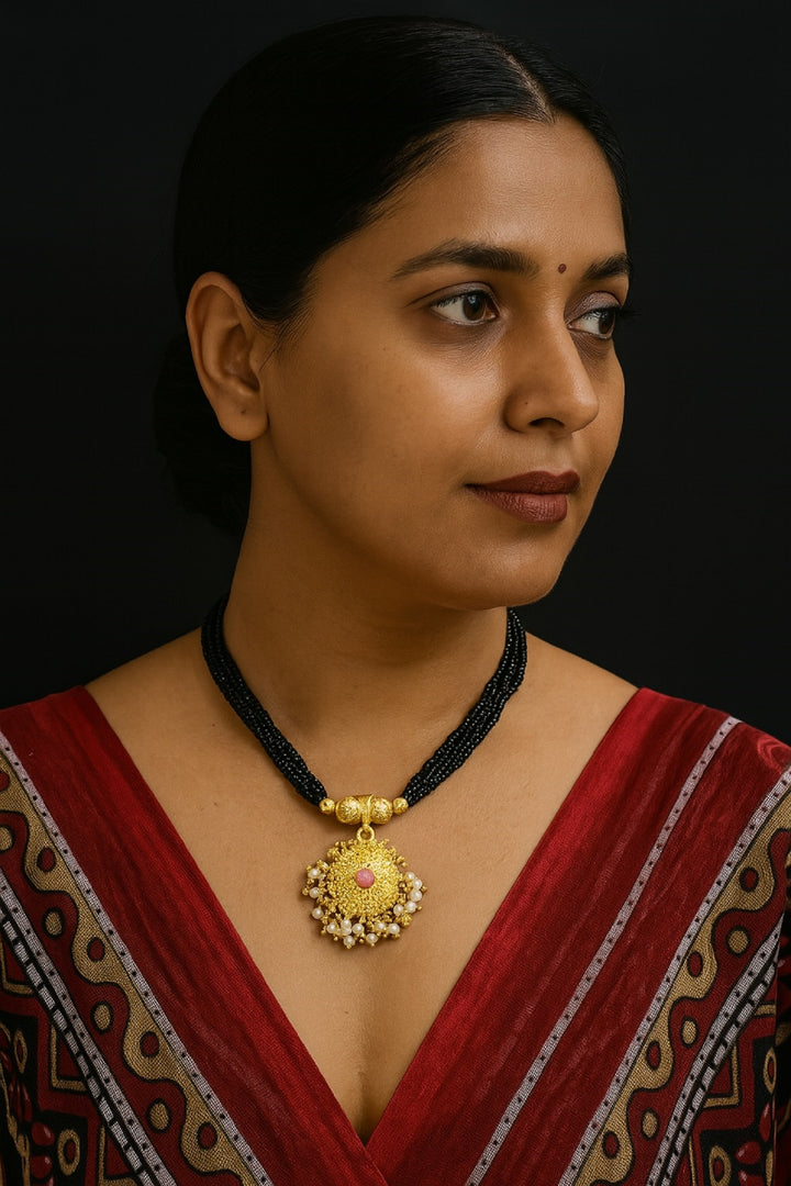 Royal Round Pendant Temple Mangalsutra – Gold Plated Multi-Layer Black Bead Necklace ✨