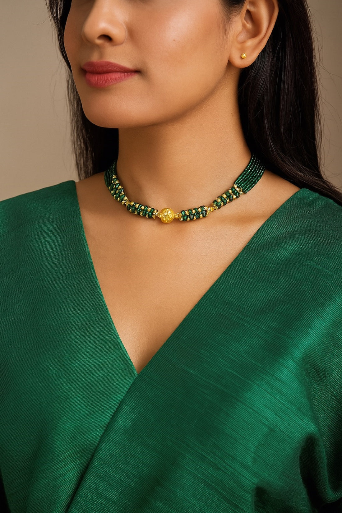 Emerald Green Beaded Choker Necklace with Gold-Plated Center Bead – Elegant Festive & Wedding Jewellery