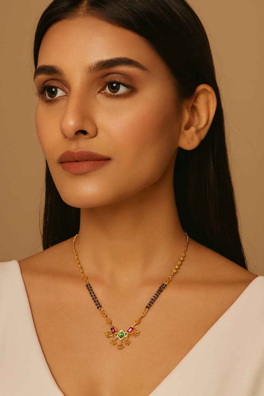 Traditional Gold-Plated Mangalsutra with Ruby-Green Stones & Black Beads – Premium Bridal & Daily Wear Design