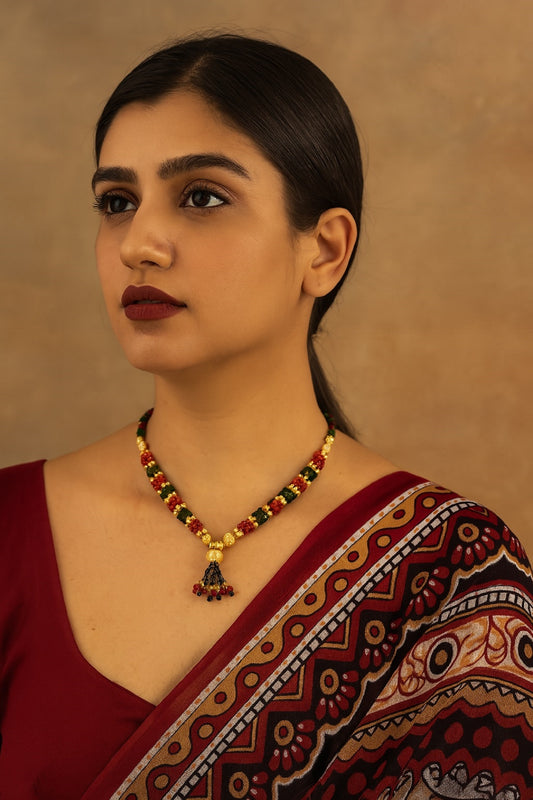 Traditional Multicolor Beaded Necklace with Golden Detailing – Festive & Wedding Jewellery for Women