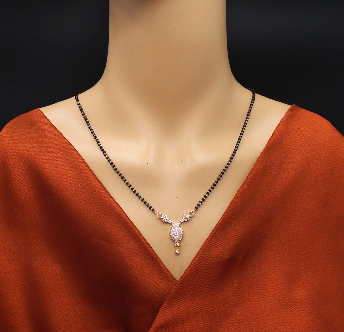 Elegant Teardrop Diamond Mangalsutra – Rose Gold Plated Black Bead Necklace 💎