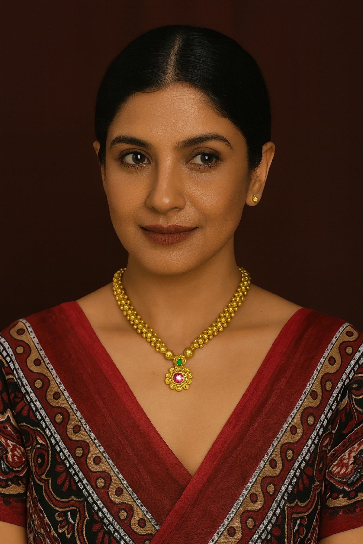 Royal Gold-Plated Floral Pendant Necklace with Pink & Green Stones – Traditional Bridal & Festive Jewellery