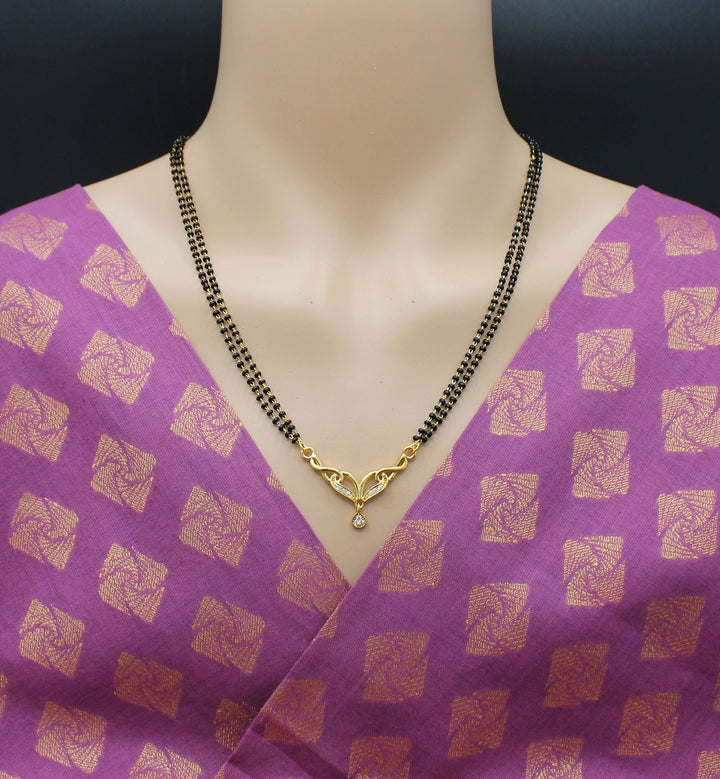 Elegant Double-Line Black Bead Mangalsutra with Heart-Inspired CZ Pendant