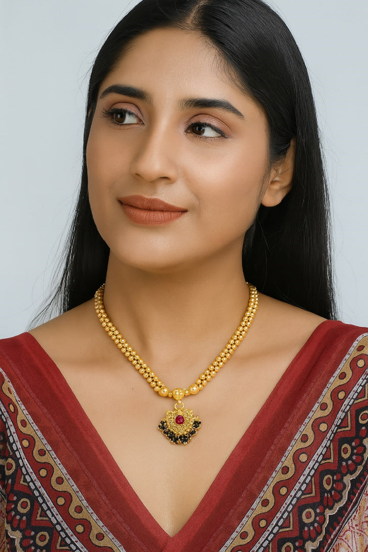 Traditional Gold-Plated Beaded Mangalsutra Necklace with Red Stone Pendant – Elegant Bridal & Festive Jewellery
