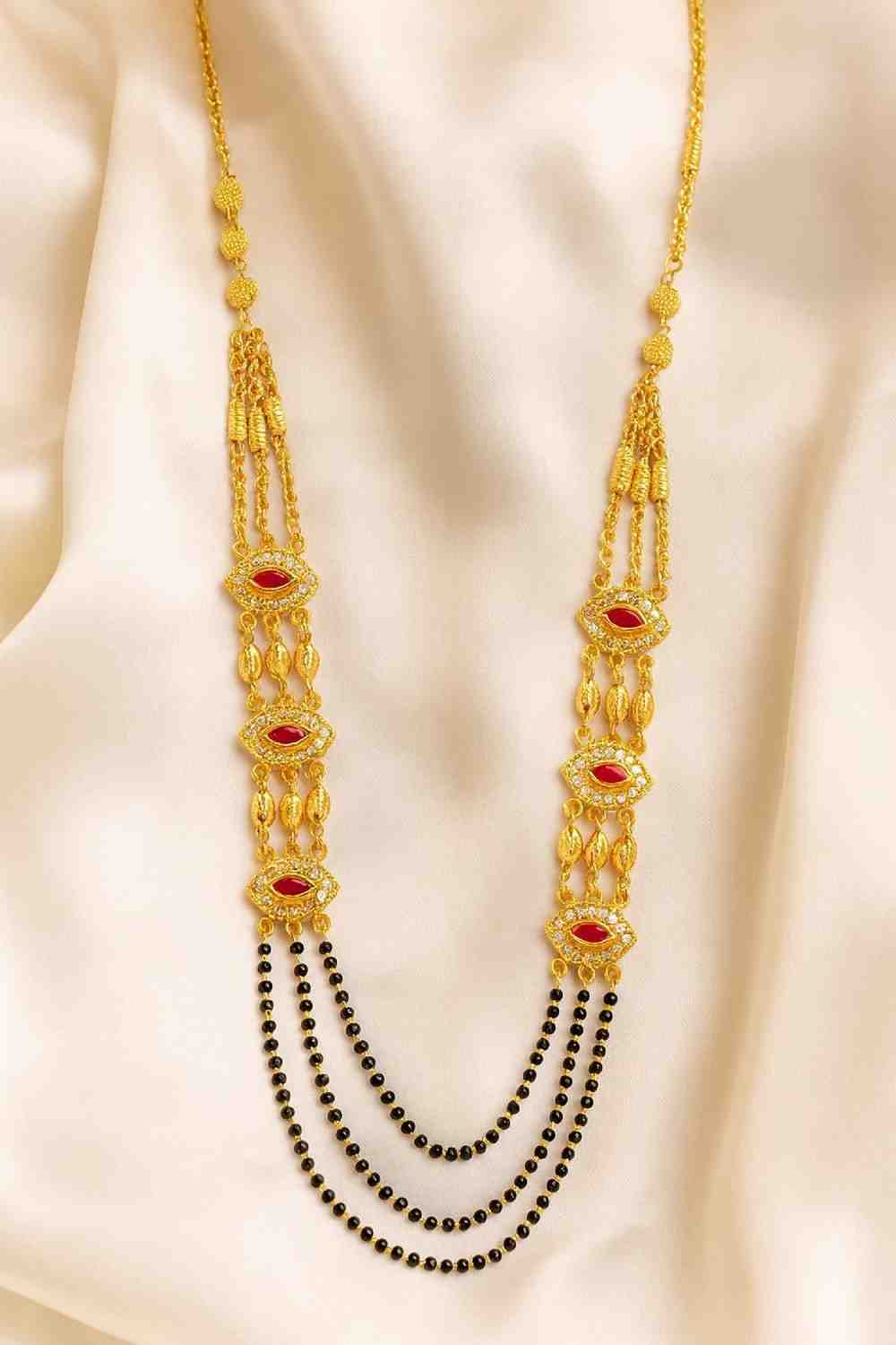 Royal Gold-Plated Double-Layer Long Mangalsutra – Red Stone & Black Bead Design