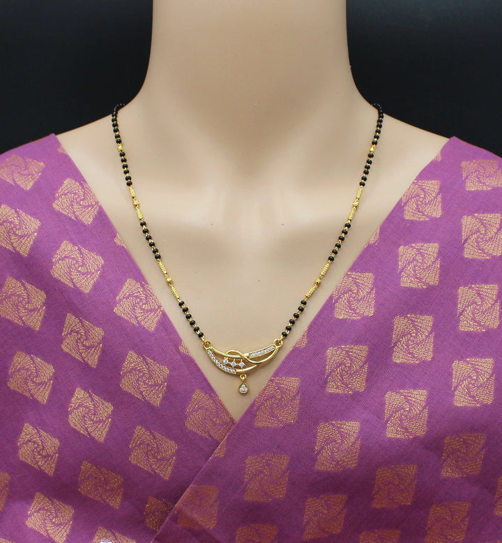 Gold-Plated Designer Mangalsutra with Black Beads & CZ Drop Pendant