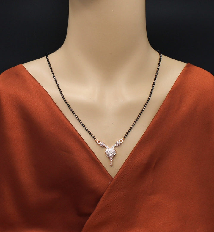 Heart Drop Diamond Mangalsutra – Rose Gold Plated Black Bead Chain for Daily Elegance 💖