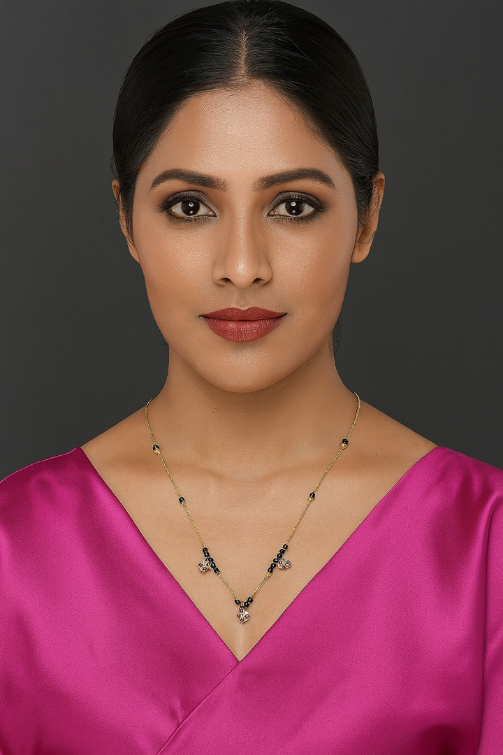 Gold-Plated Mangalsutra with Black Beads & Floral Charms – Lightweight Daily Wear Design