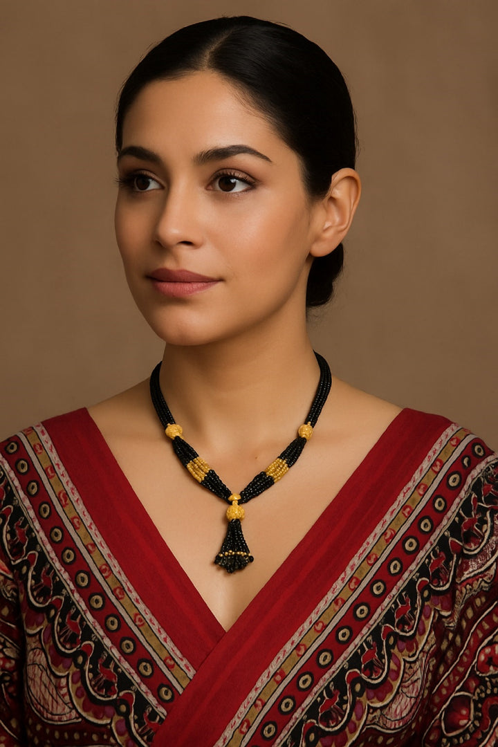 Traditional Black Bead Tassel Mangalsutra – Handcrafted 1-Gram Gold Plated Elegance ✨