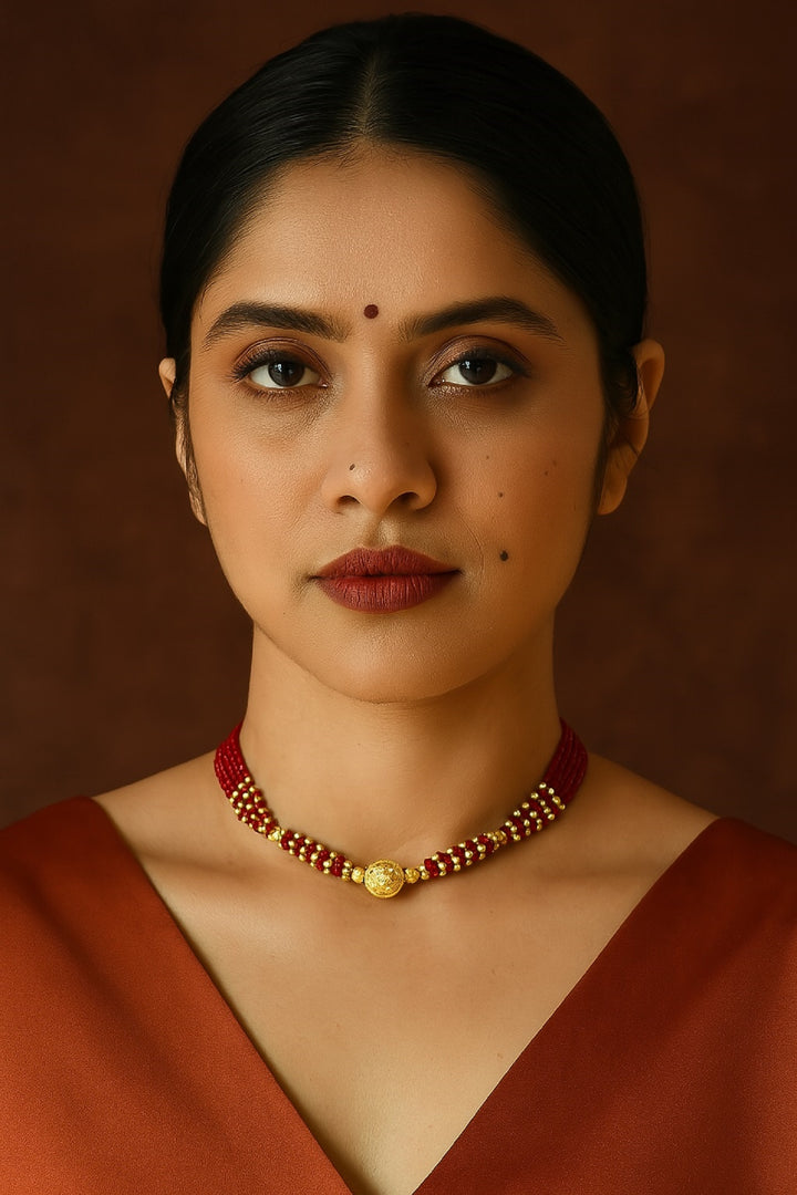 Royal Ruby Red Beaded Choker Necklace with Gold-Plated Center Bead – Elegant Traditional Festive Jewellery