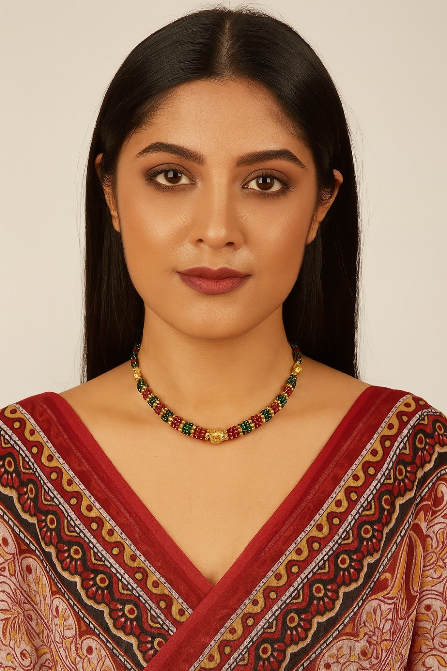 Classic Red & Green Beaded Necklace with Golden Centerpiece – Traditional Festive Jewellery for Women