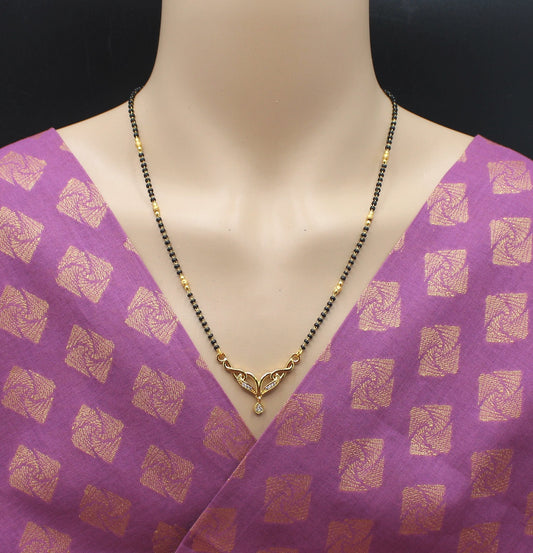 Elegant Gold-Plated Mangalsutra with CZ Pendant & Classic Black Beads