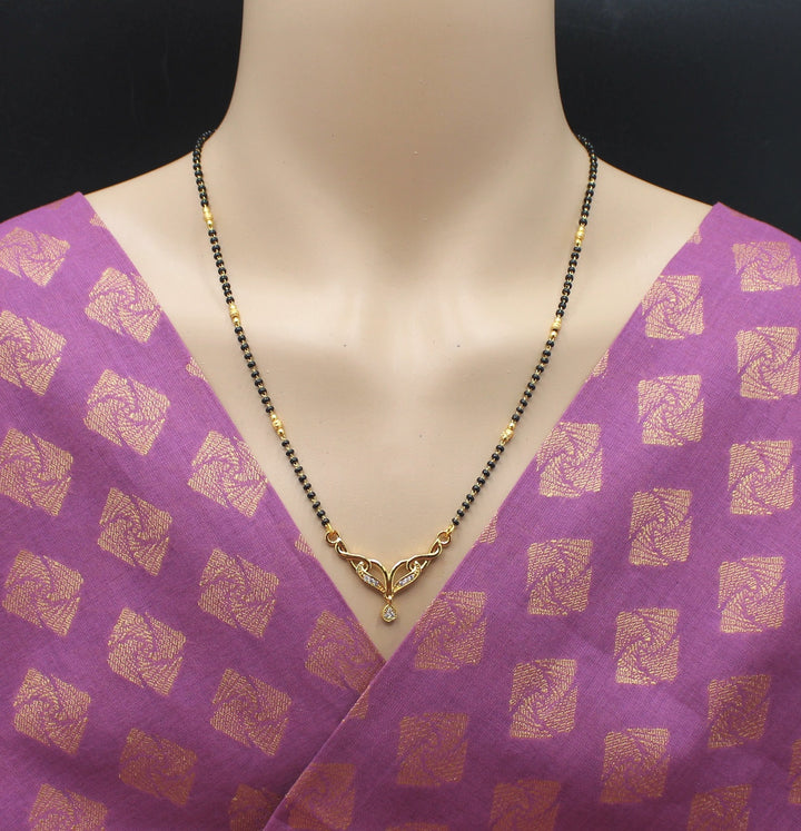 Elegant Gold-Plated Mangalsutra with CZ Pendant & Classic Black Beads