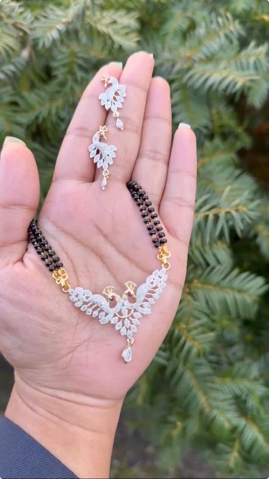 Soni Jewellery Women's Pride Gold Plated Alloy American Diamond Peacock Design Pendant Lankan Mangalsutra with Earrings 32-inch Length Black Beaded Double Layer Long Mangalsutra Set for Girls