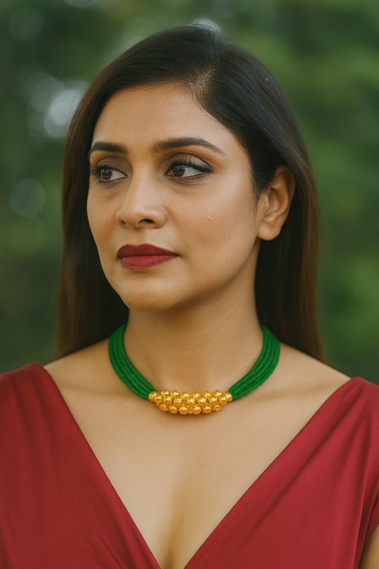 Elegant Green Beaded Choker with Golden Cluster Centerpiece – Designer Ethnic Necklace for Women