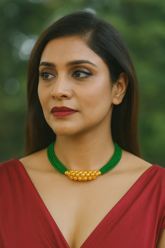 Elegant Green Beaded Choker with Golden Cluster Centerpiece – Designer Ethnic Necklace for Women