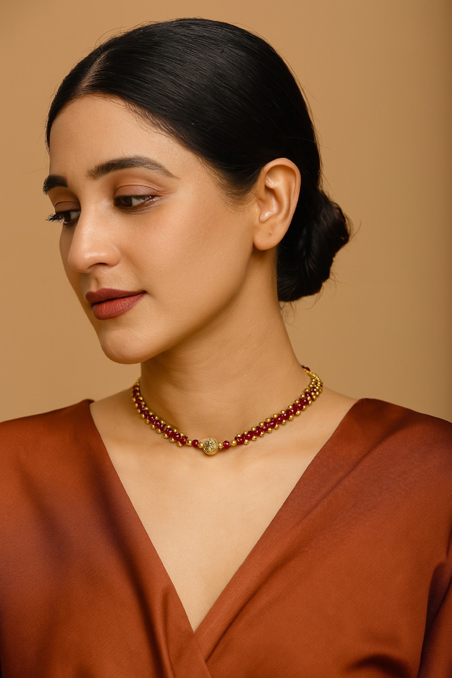 Classic Ruby Red and Gold Beaded Choker Necklace – Elegant Festive & Wedding Jewellery for Women