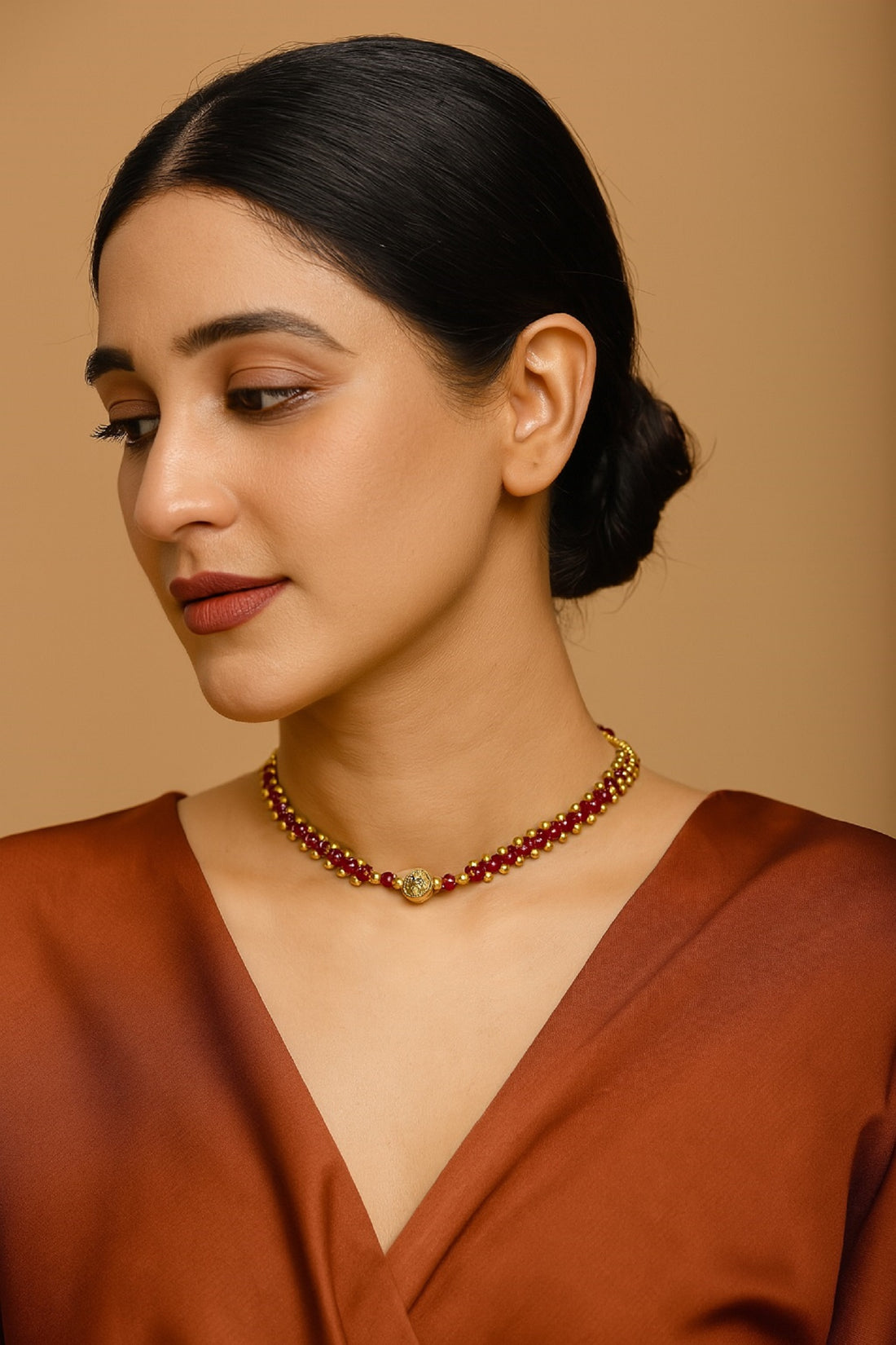 Classic Ruby Red and Gold Beaded Choker Necklace – Elegant Festive & Wedding Jewellery for Women