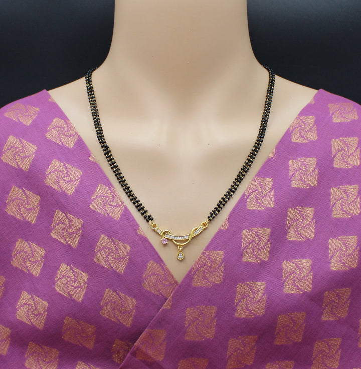 Stylish Double-Line Black Bead Mangalsutra with Dual Charm CZ Pendant