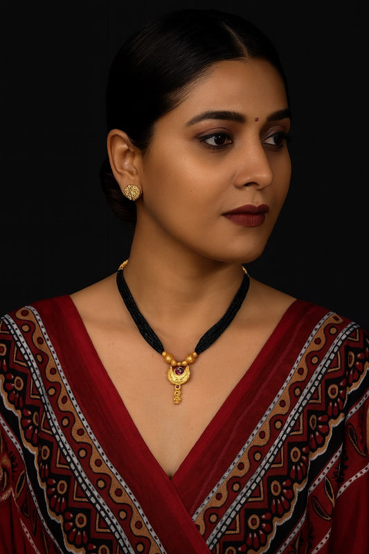 Graceful Moon Pendant Mangalsutra – Gold Plated Black Bead Necklace with Ruby Stone Charm ✨