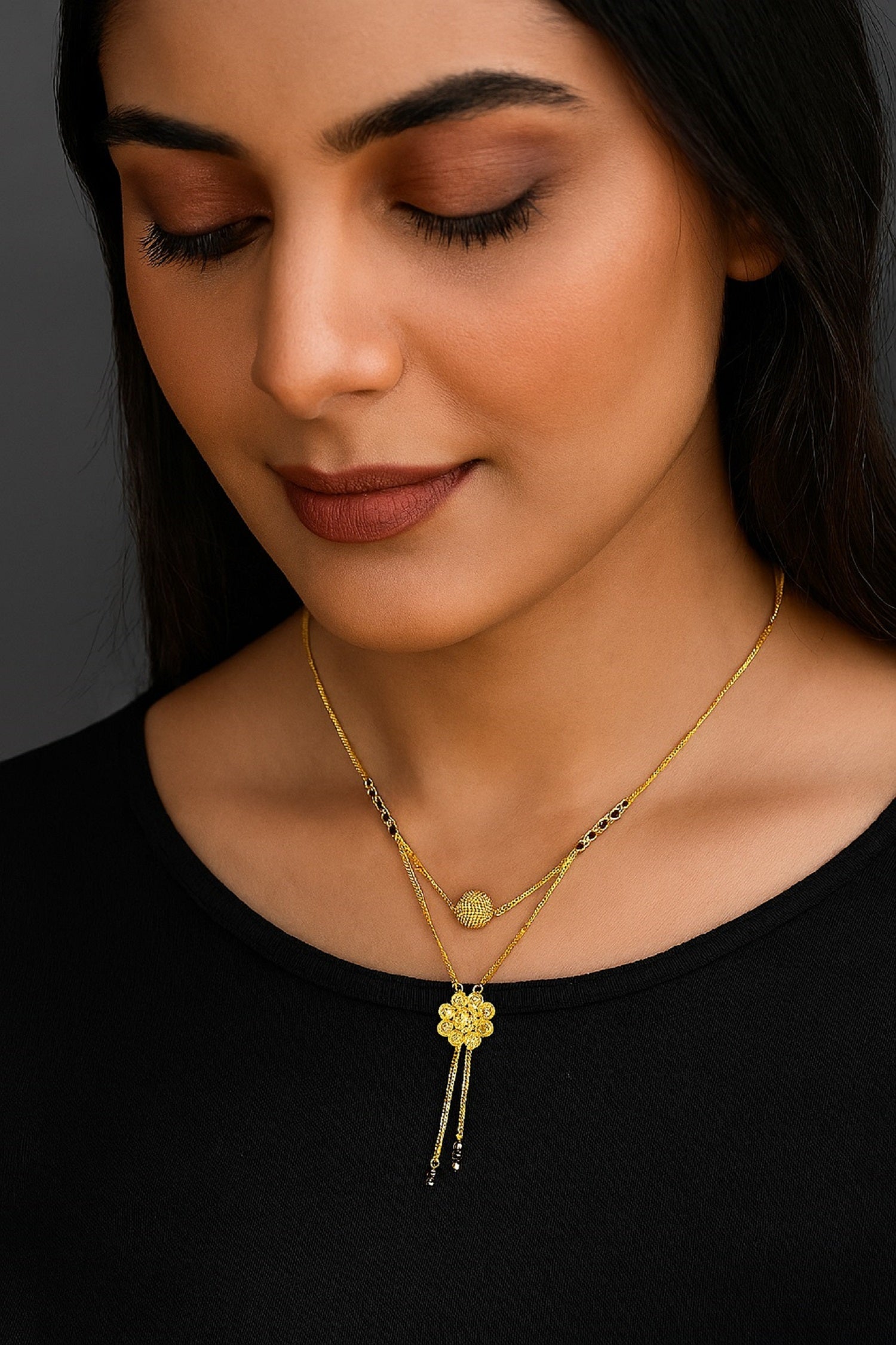 Double Chain Floral Gold-Plated Mangalsutra – Modern Daily Wear Design