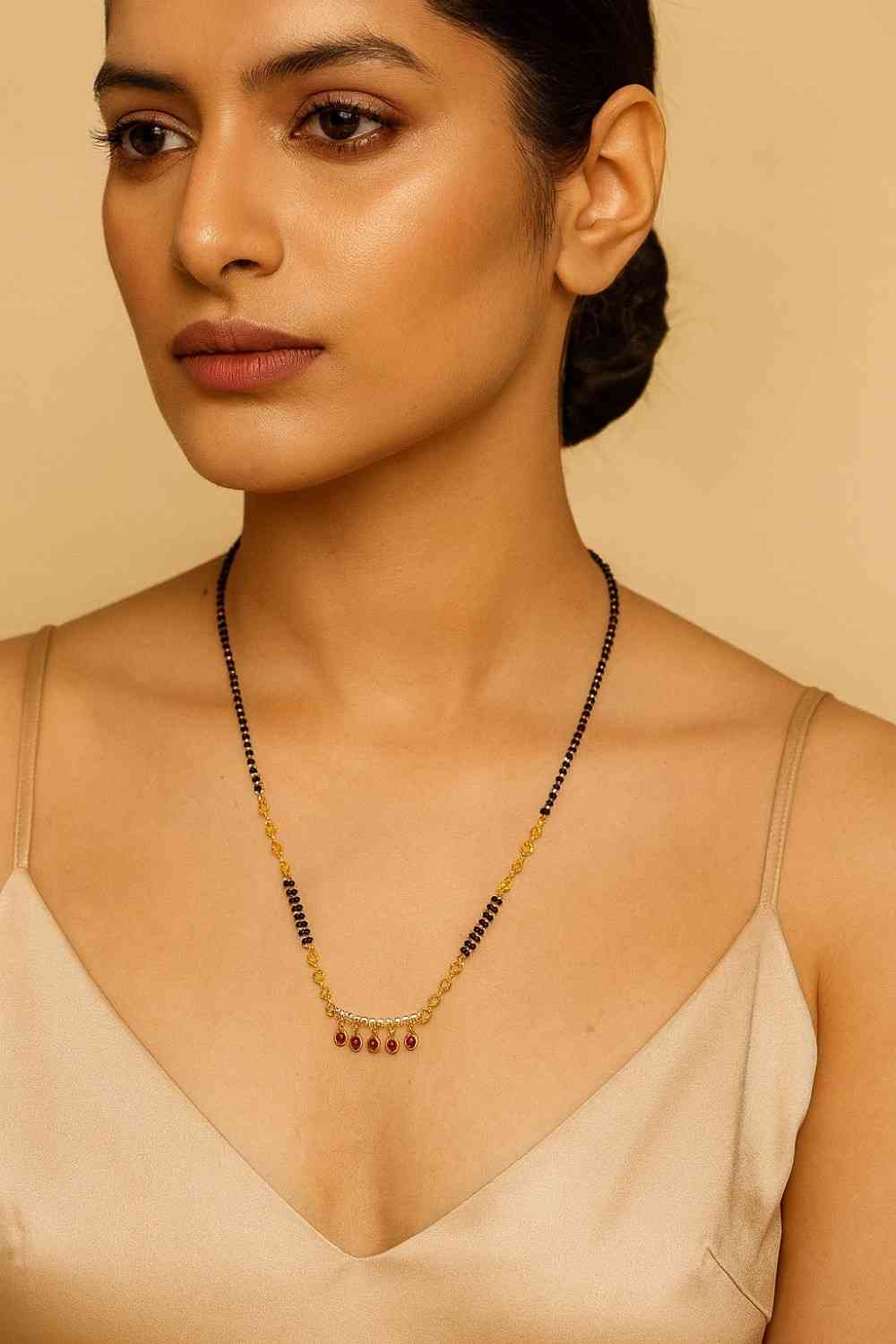 Minimal Ruby Drop Mangalsutra – Gold-Plated Black Bead Chain for Everyday Elegance