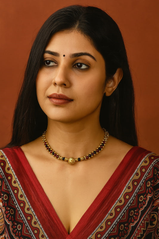 Elegant Red & Black Beaded Choker Necklace with Golden Centerpiece – Festive & Ethnic Jewellery for Women