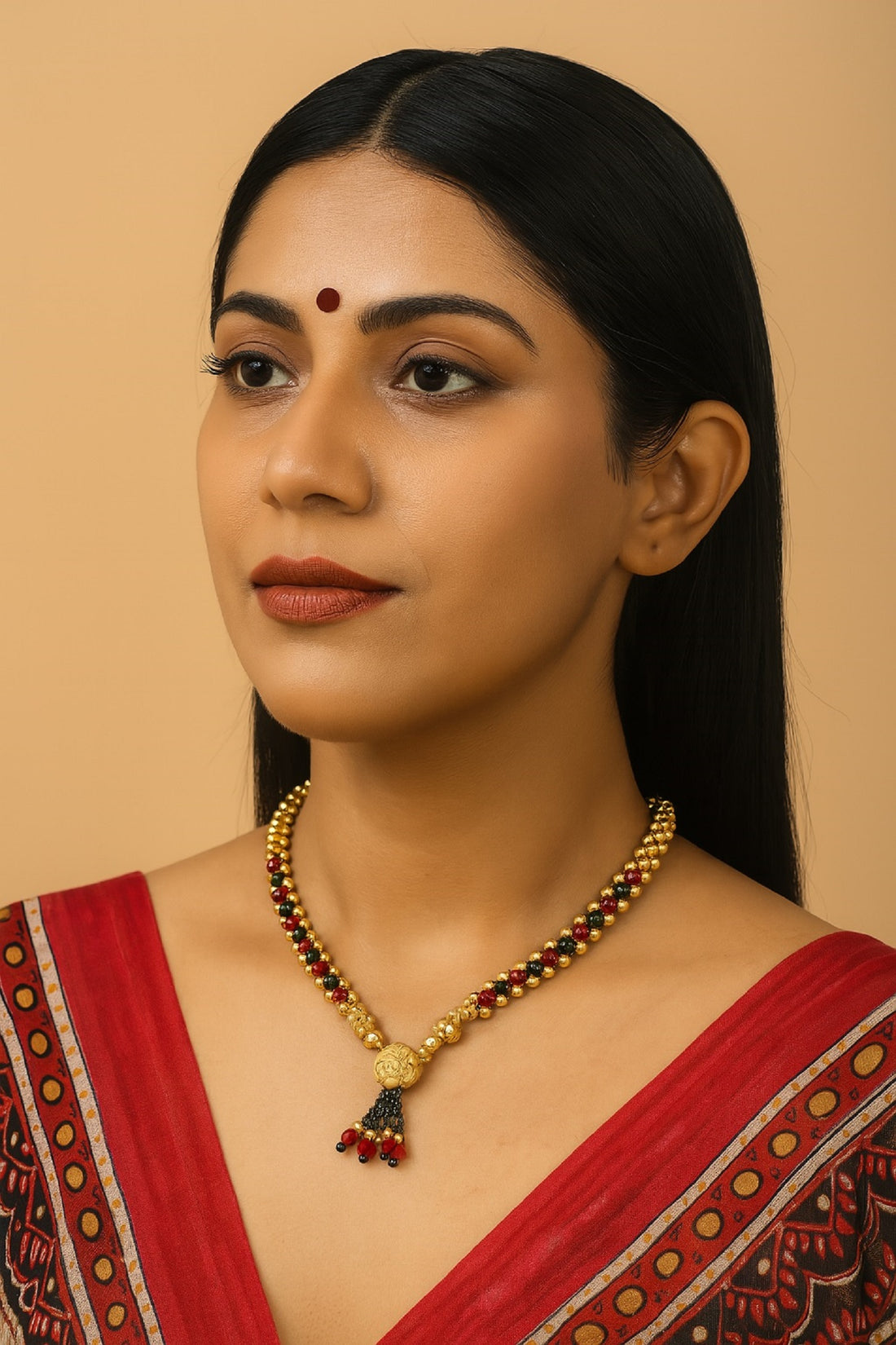 Royal Red & Gold Beaded Necklace with Black Tassel – Traditional Festive Jewellery for Women
