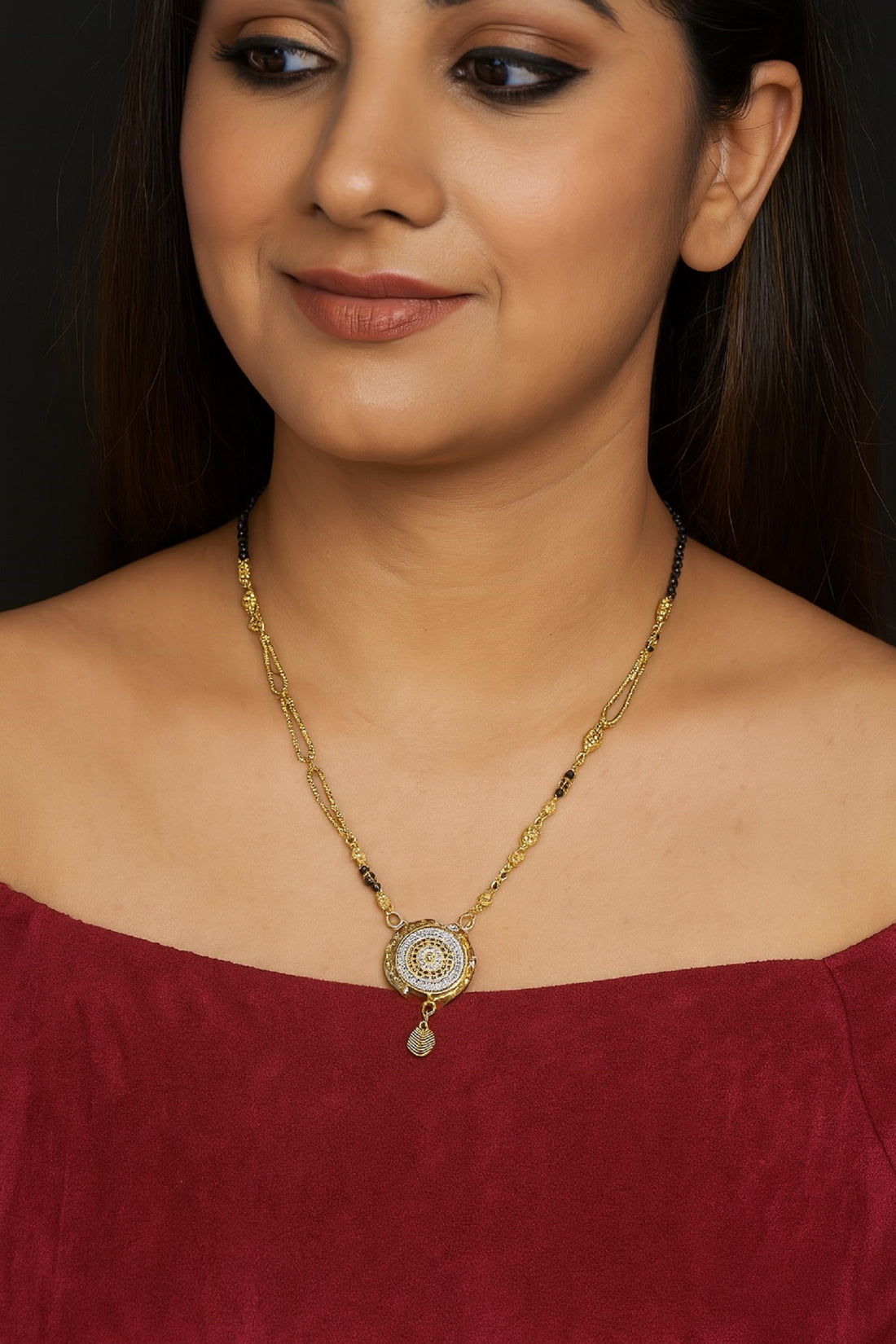 Designer Gold-Plated Mangalsutra with Circular Pendant & Black Beads – Elegant Daily & Festive Wear