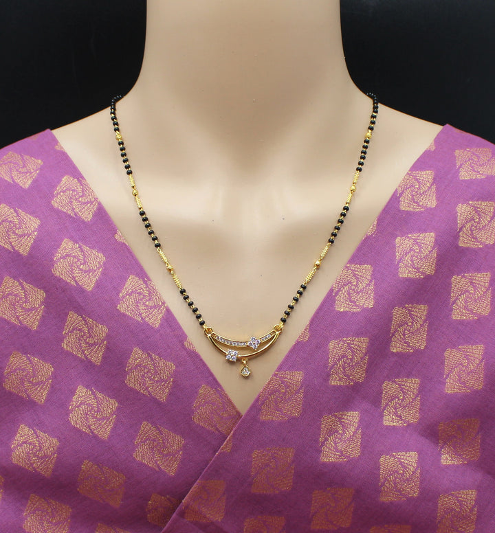 Designer Gold-Plated Mangalsutra with Dual CZ Charms & Black Beads