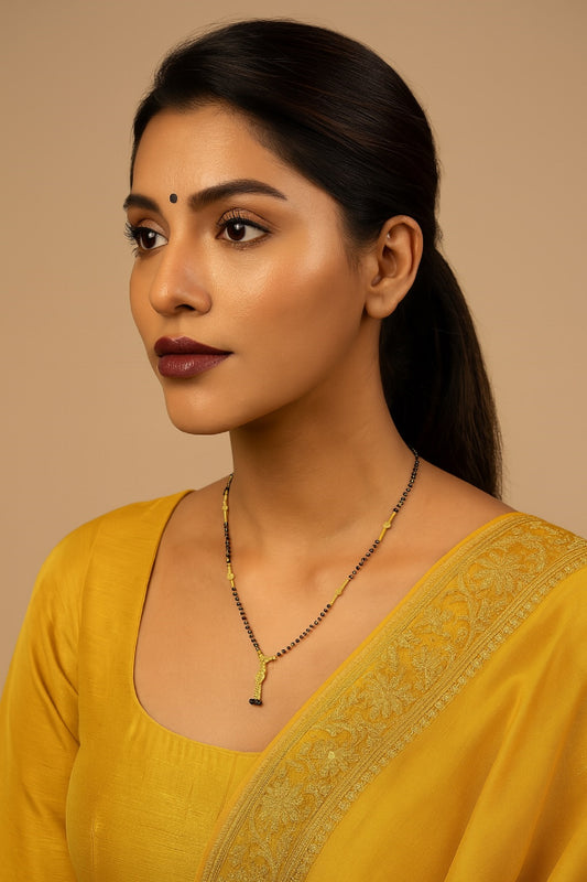 Gold-Plated Traditional Mangalsutra with Black Beads & Tassel Pendant – Elegant Daily Wear