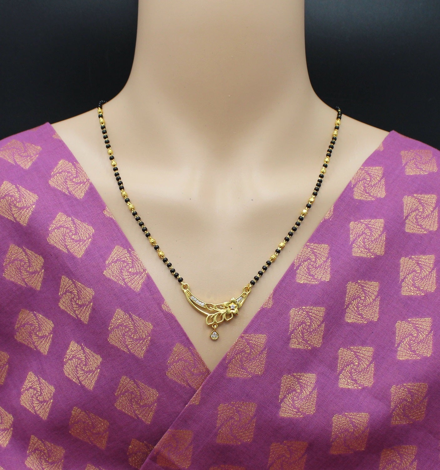 Floral Design Gold-Plated Mangalsutra with Black Beads & CZ Drop Pendant