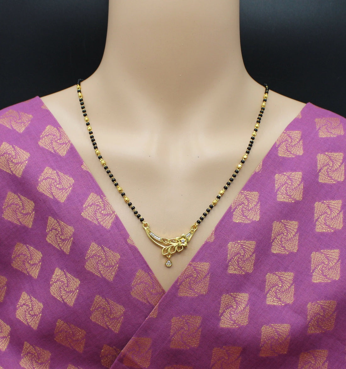 Floral Design Gold-Plated Mangalsutra with Black Beads & CZ Drop Pendant