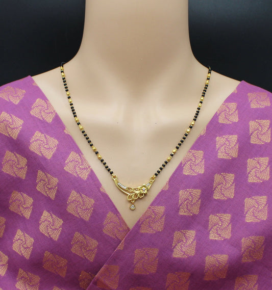 Floral Design Gold-Plated Mangalsutra with Black Beads & CZ Drop Pendant