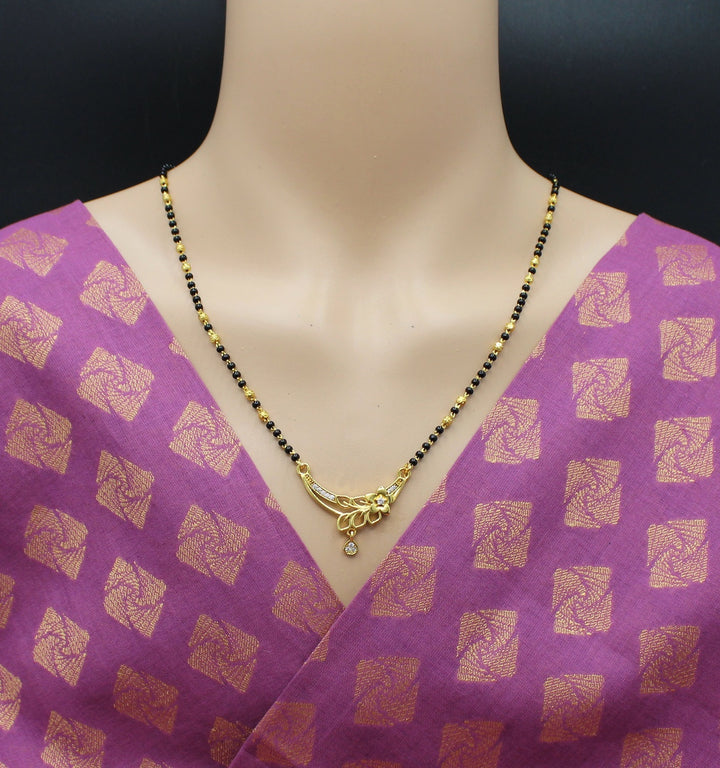 Floral Design Gold-Plated Mangalsutra with Black Beads & CZ Drop Pendant