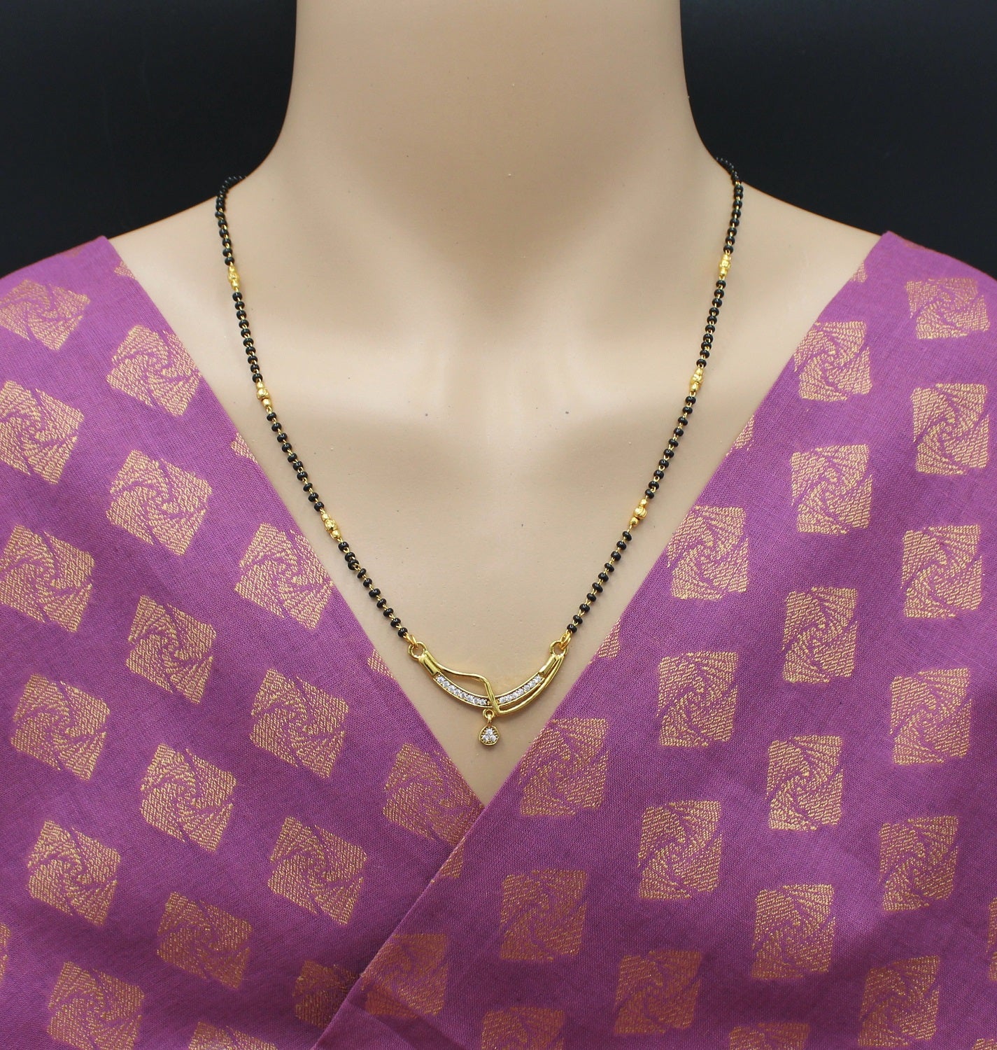 Graceful Gold-Plated Mangalsutra with CZ Stone Pendant & Dual Beads