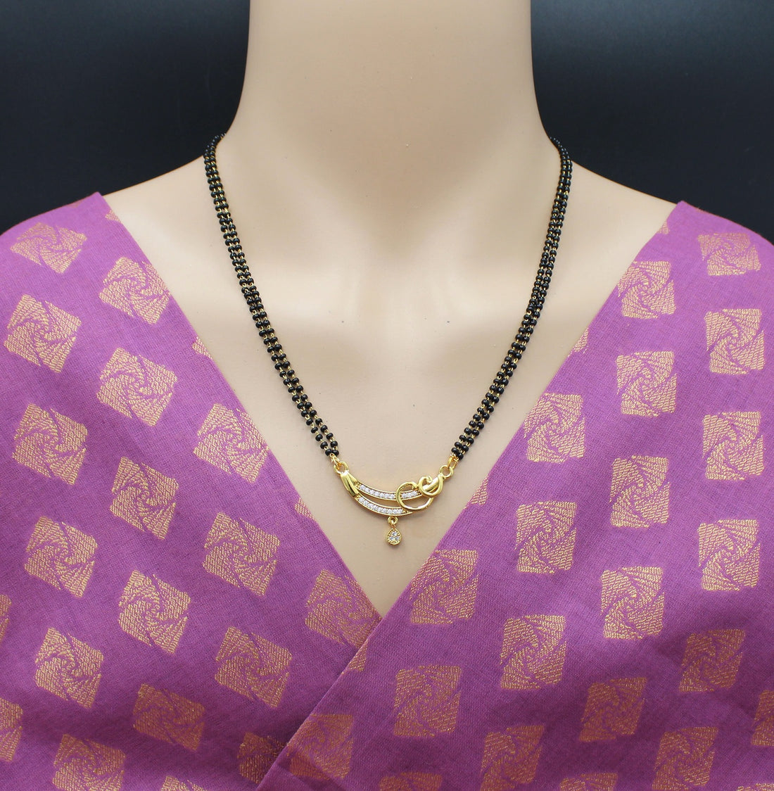 Elegant Double-Line Black Bead Mangalsutra with CZ Stone Pendant