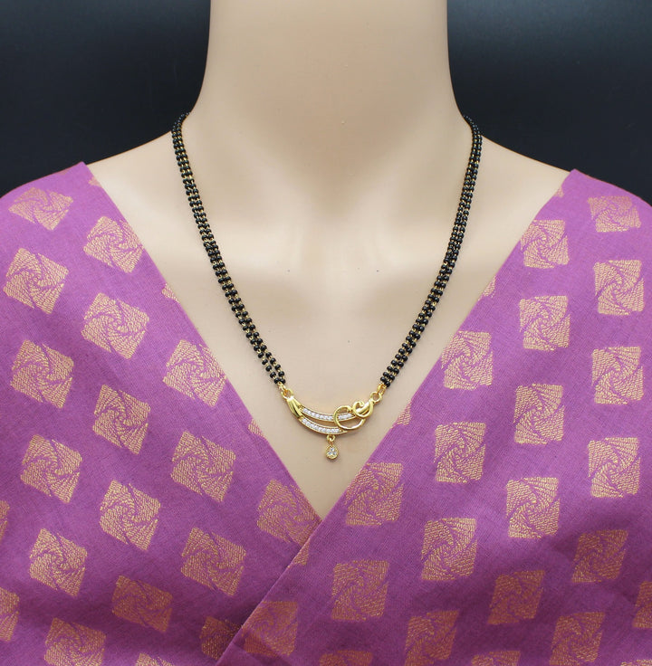 Elegant Double-Line Black Bead Mangalsutra with CZ Stone Pendant