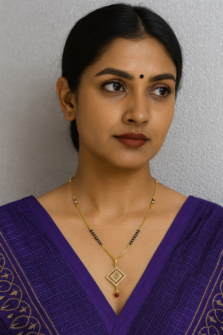 Gold-Plated Mangalsutra with Black Beads & Diamond-Studded Square Pendant – Modern Daily Wear Design