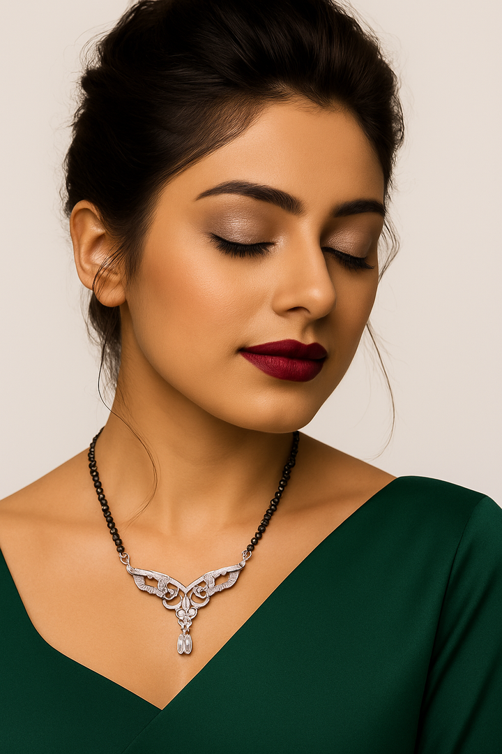 Silver-Plated Double Chain Mangalsutra with Designer Pendant & CZ Stones – Elegant Daily & Festive Wear