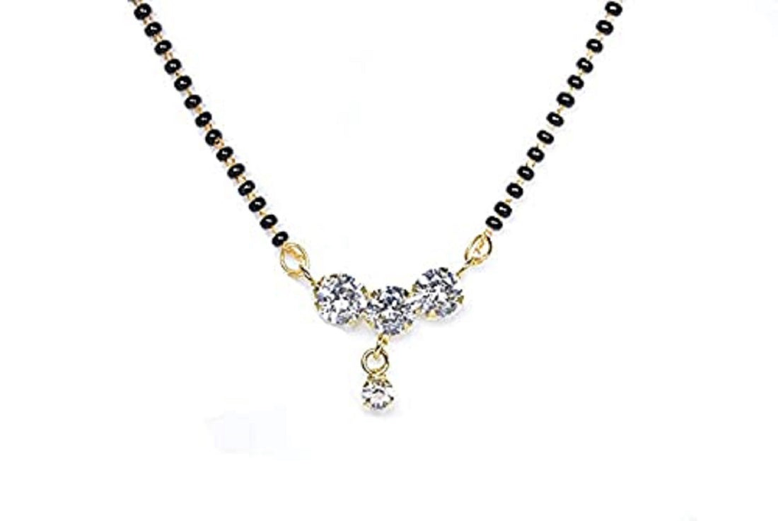 Triple Diamond Drop Mangalsutra – Elegant Gold-Plated Black Bead Chain ✨