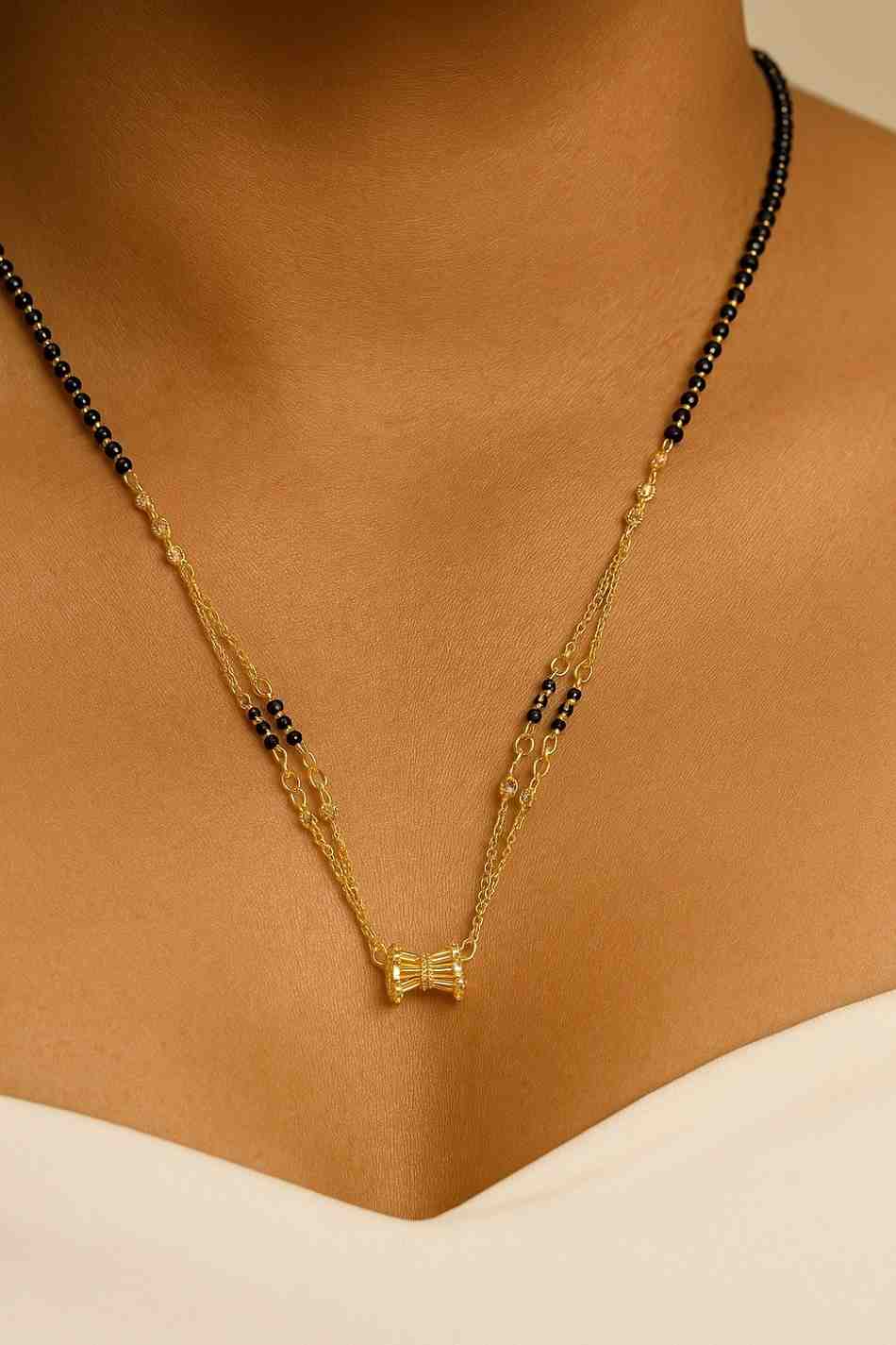 Triple-Layer Gold-Plated Mangalsutra – Modern Daily Wear Design with Elegant Black Bead Detailing