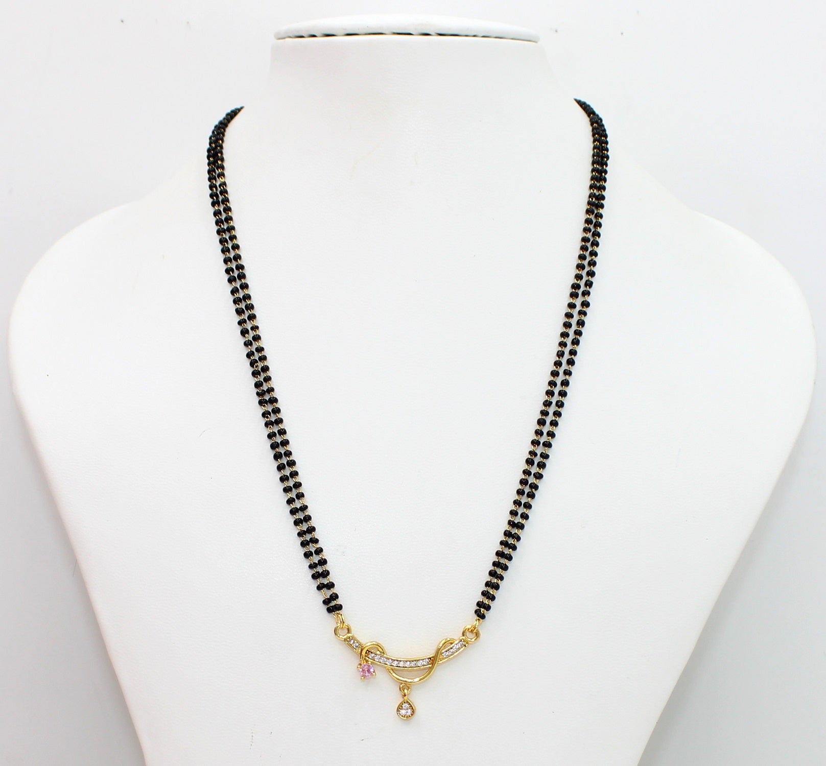 Stylish Double-Line Black Bead Mangalsutra with Dual Charm CZ Pendant